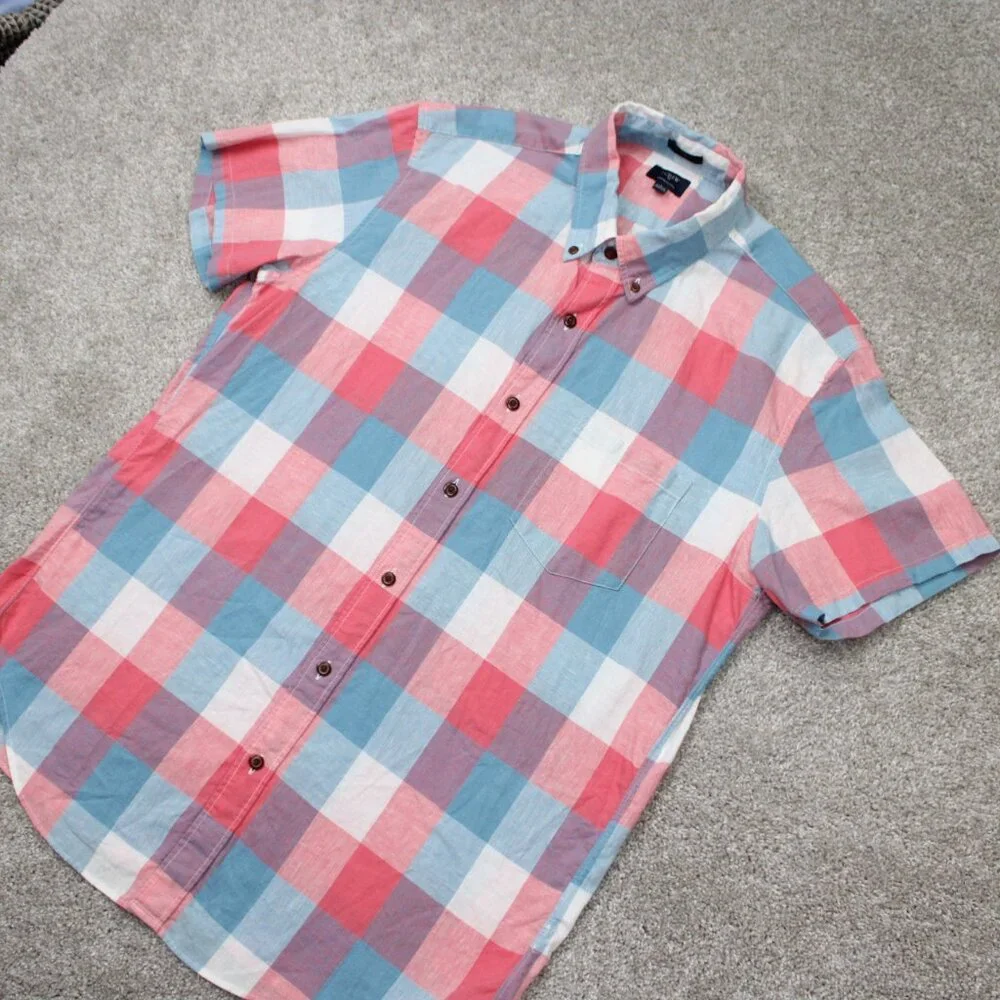 J. Crew Cotton/Linen Shirt Mens Large Pink/Blue/White Slim Fit S/S Button Preppy
